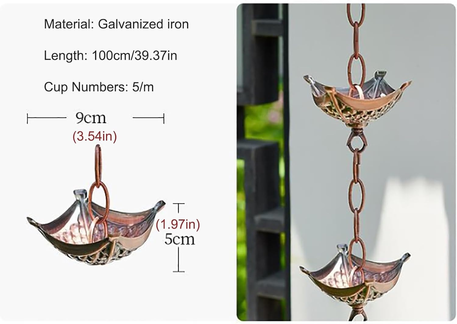 Decoration Rain Chain with 5 Rain Chain Cups,Rainwater Diverter Umbrella Cup,Downspout Chain for Rain Gutter/Eaves Drainage