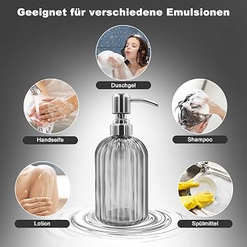 14 Oz Glass Soap Dispenser with 304 Rust Proof Stainless Steel Pump, Refillable Hand Liquid Soap Dispenser for Bathroom, Kitchen, Countertop, Laundry Room (Dark Grey)