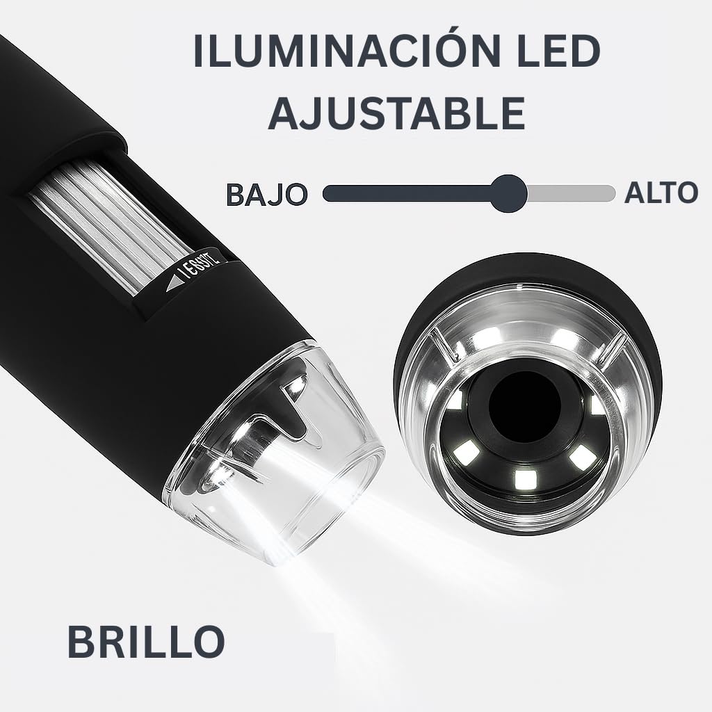 Microscopio Digital USB 1600x con Luz LED Ajustable – portátil - Compatible con Windows y Mac – endoscopio con Foto y Vídeo, para Estudiantes, Laboratorio, Electrónica, Botánica y Más