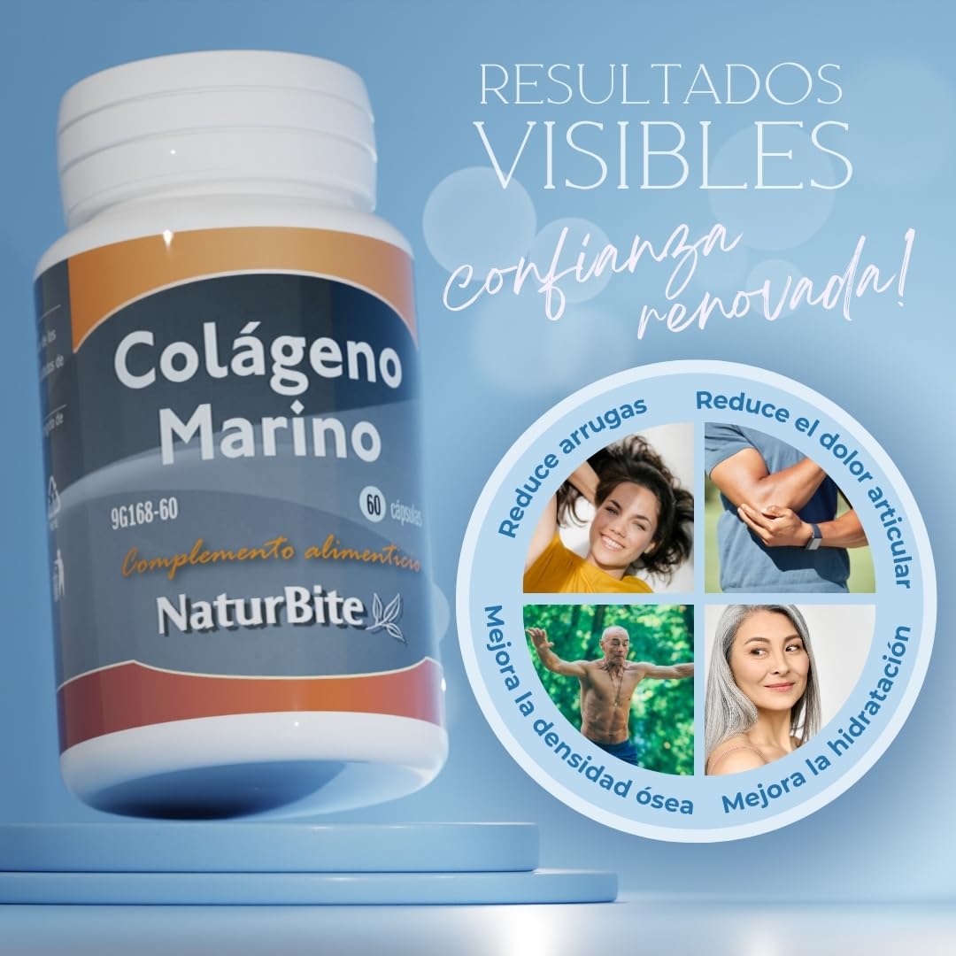 Colágeno Marino Hidrolizado NaturBite – Proteína de Colágeno de Pescado – 240 Cápsulas – Complemento Alimenticio para Piel, Cabello, Uñas y Articulaciones