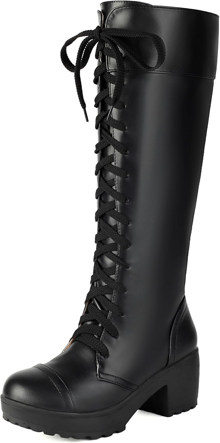 BEAUPAS Women's Knee High Combat Boots Lace-Up Platform Chunky Block Heel Goth Tall Boots