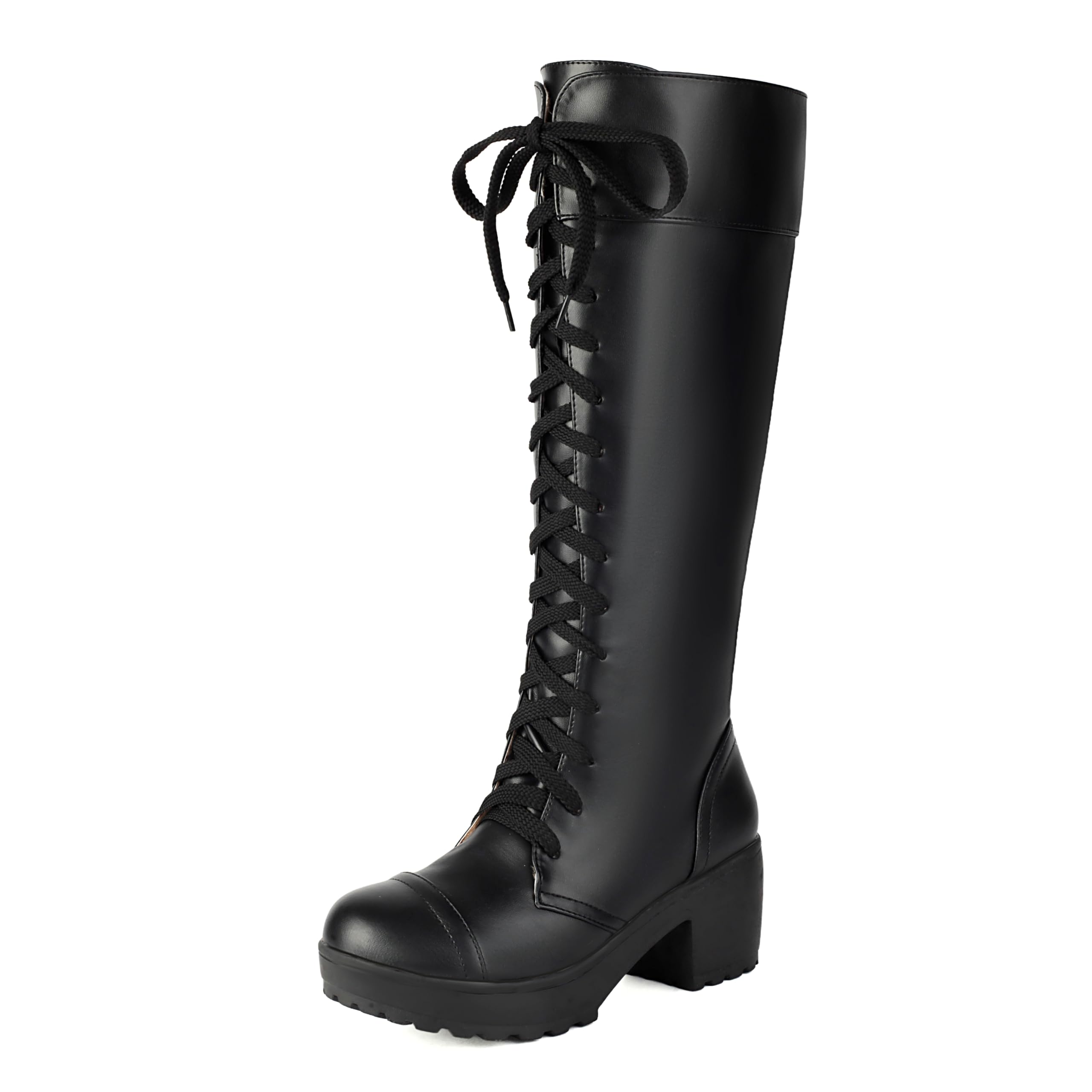 BEAUPAS Women's Knee High Combat Boots Lace-Up Platform Chunky Block Heel Goth Tall Boots