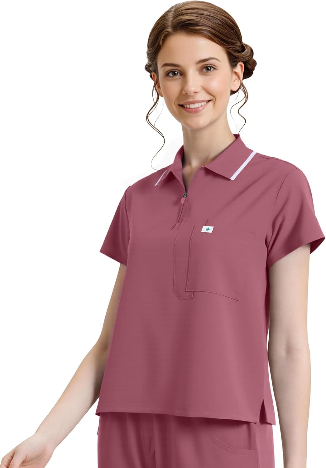 Medical Scrubs Uniform for Women - Cropped Zip-Front Polo Tops & Straight Leg Pants with 8 Pockets, Easy Care - Image 4