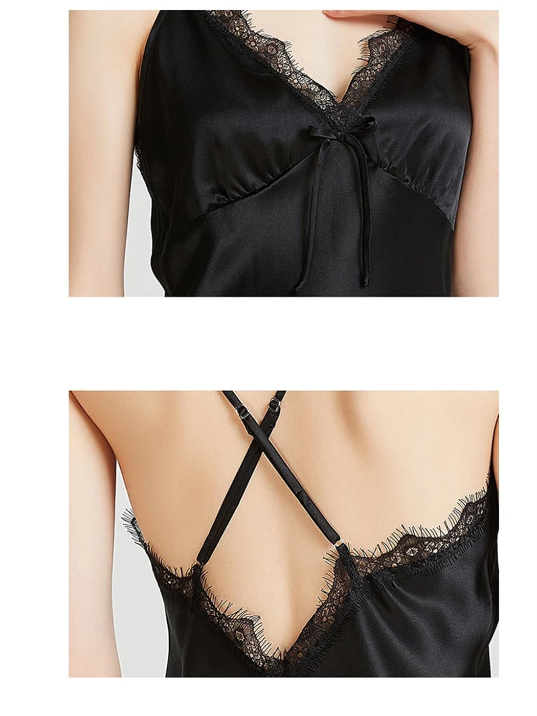 Camisón de Seda con Tirantes para Mujer, con Encaje y Escote en V (Negro M)