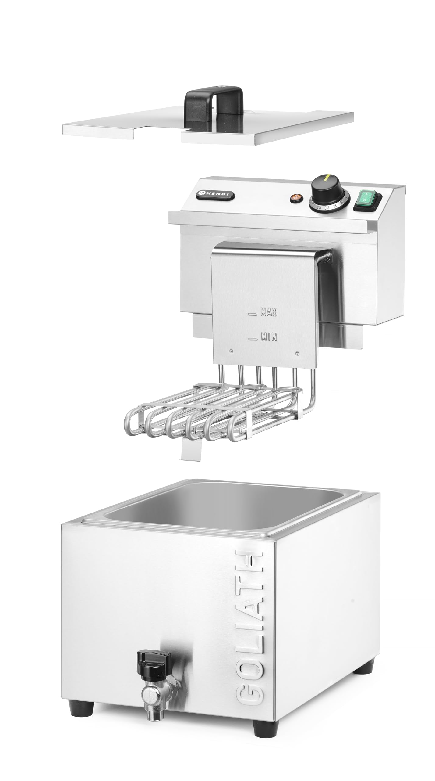 HENDI Freidora eléctrica XL GOLIATH, con grifo de vaciado, 50 °C-190 °C, zona fría, con tapa y cesta de freír, 10L, muy potente: 10200W, 400V, 300x585x(H)392mm, acero inoxidable