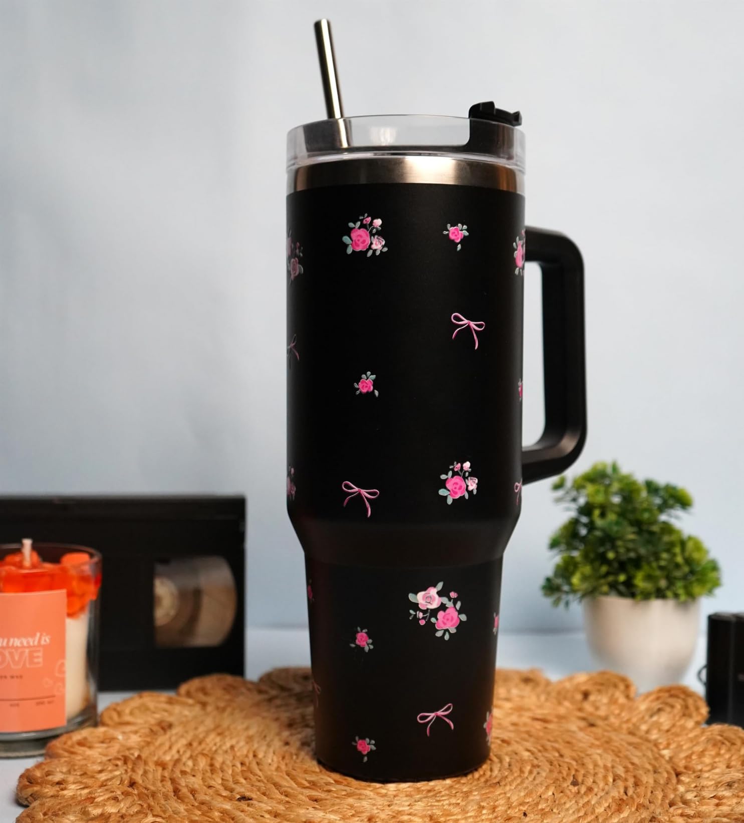 Najarat 1200ML Stainless Steel Tumbler with Handle and Lid and 2 Straws, Insulated Cup Leak Proof Mug Cupholder for Gym, Travelling (Black Blossom)