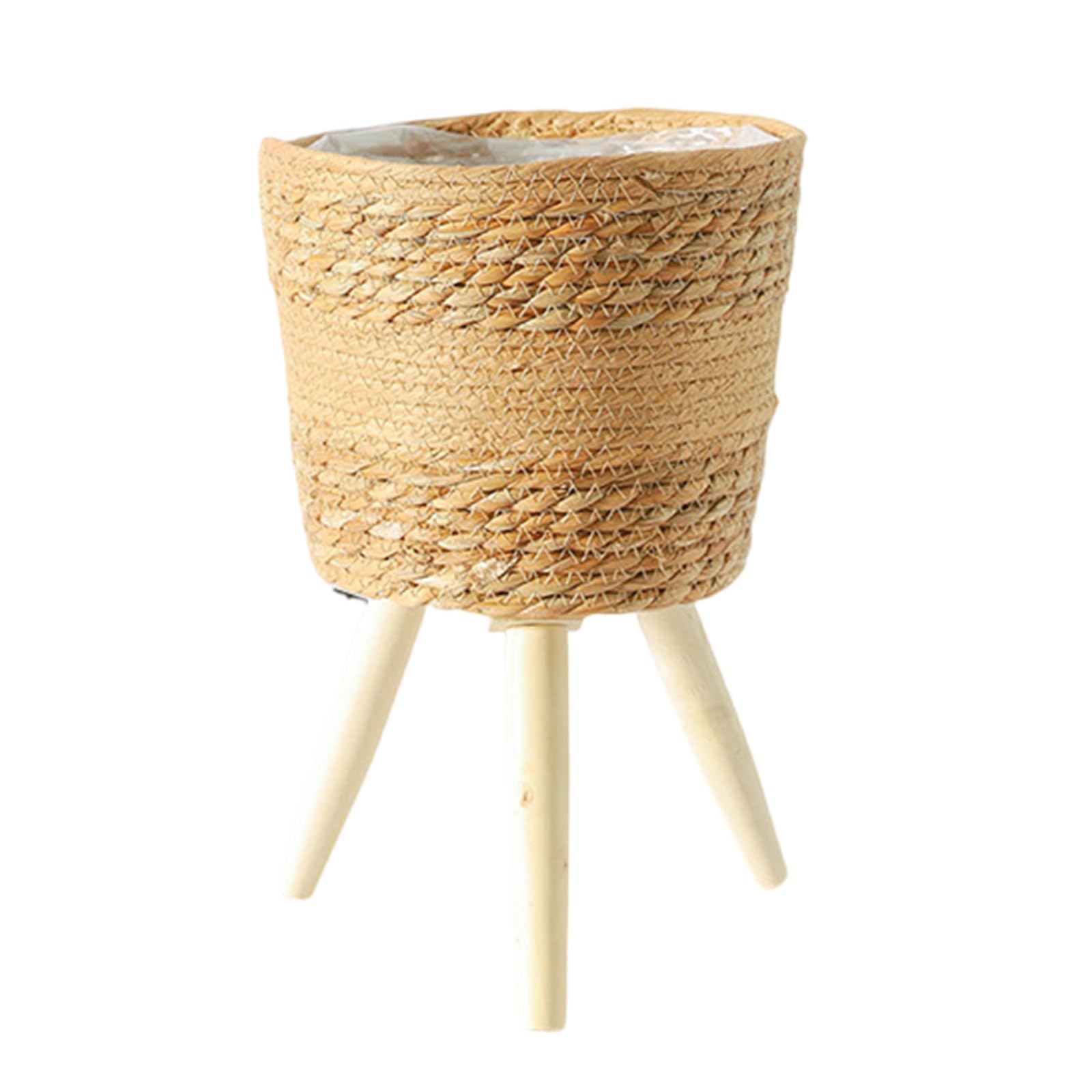HZGFNBZ Indoor Plant Stand Handwoven Cattail Flowerpots with Wooden Floor Planter Basket Rack Shelf for Garden Decors Stand