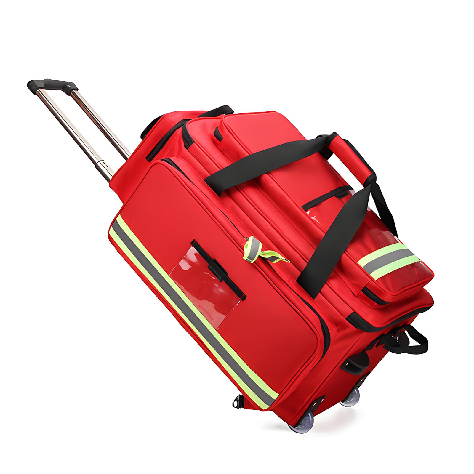 ROGHA Rolling Medical Bag,Rolling Medical Case,1800D Reflective Oxford,Waterproof and Flame Retardant,Multi-Pocket Storage,for Earthquake Fire Rescue Red