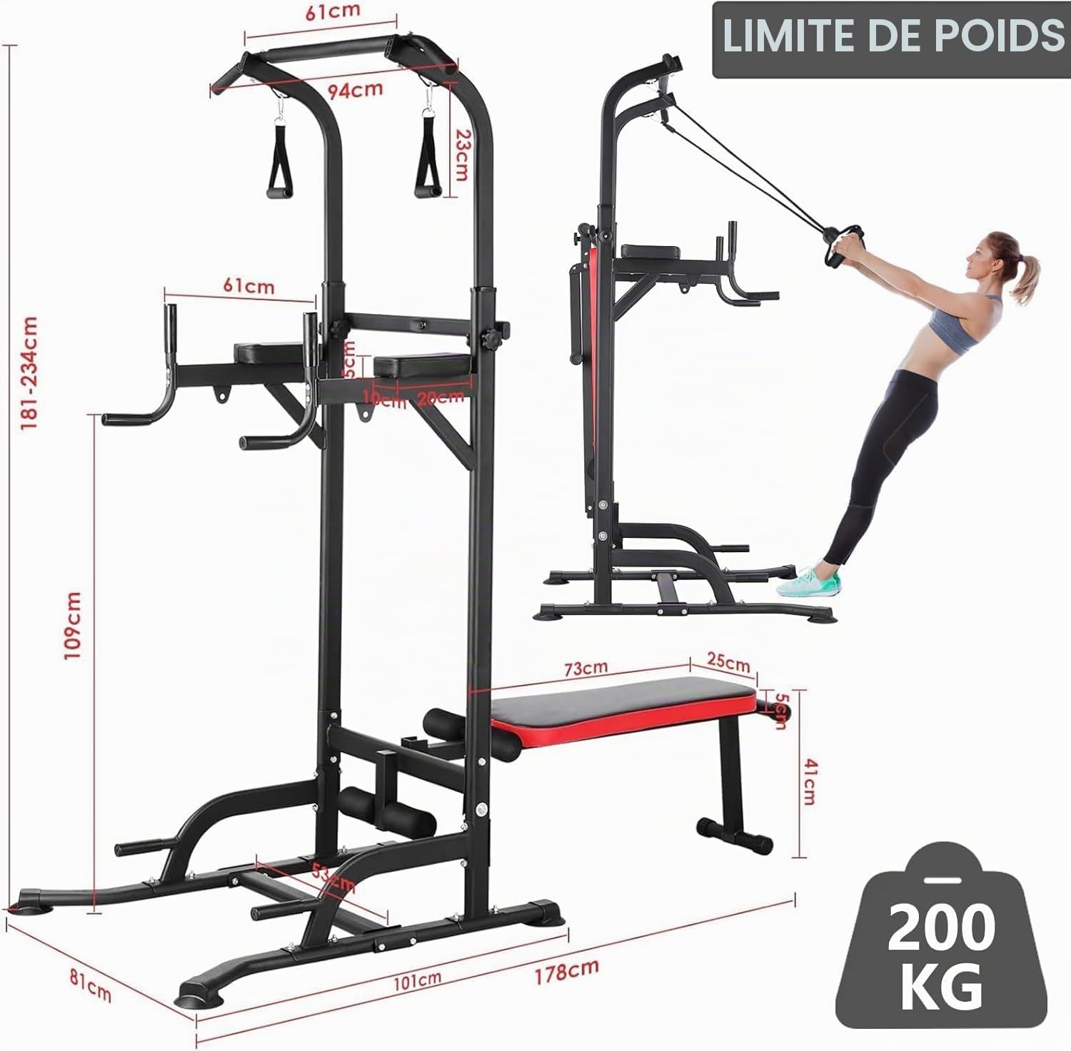 Power Tower Barre de Traction avec Banc de Musculation Pliable Chaise Romaine Hauteur Réglables Multifonction Dips Abdominaux Station de Musculation Entraînement à Domicile, Accoudoirs, Fitness, 200KG