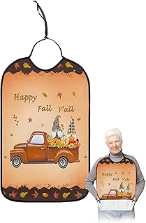 BOBOWUNY Thanksgiving Gnomes Truck Adult Bibs for Elder Women Men Eating, Maple Leaf Sunflower Waterproof & Washable Bibs for Eating Clothing Protector Dining Bibs for Crumb Catcher