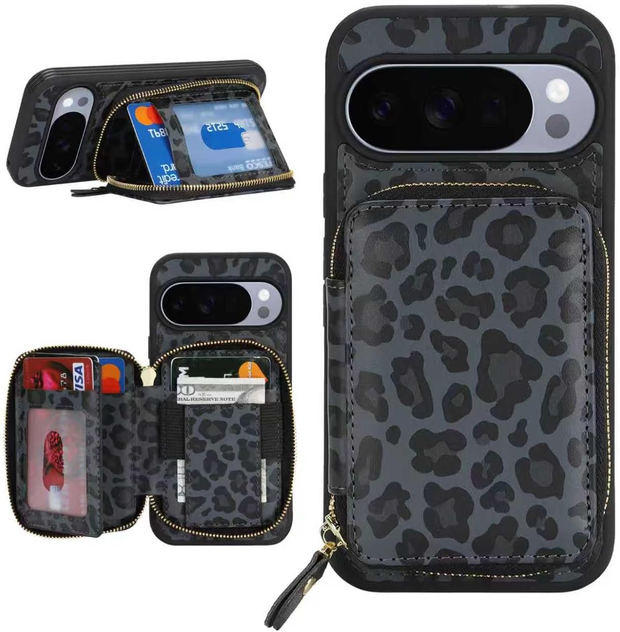 for Pixel 10/10 Pro Case Wallet with Card Holder,for Pixel 10 Phone case Wallet with Zipper with Slot Kickstand Stand Case for Women and Man-Black Leopard