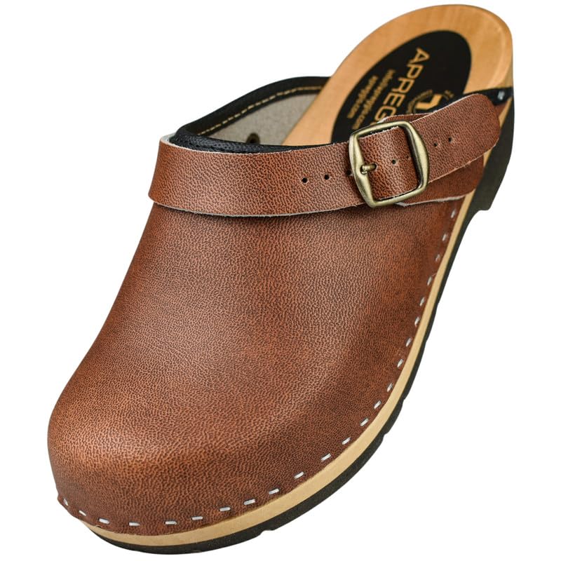APREGGIO Sabots en bois pour femme – Chaussures en cuir – Sabots de jardin pratiques – Sabots en cuir ergonomiques pour femme 36/41, marron, 37 EU