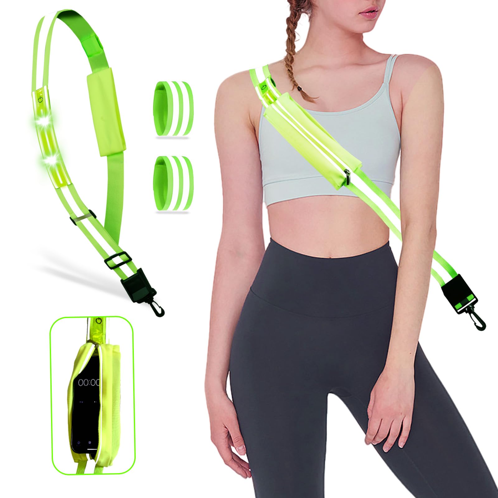 Pomerol LED Reflective Belt: High Visibility Night Safety Belt with 4 Light Colors, 3 Modes, USB Rechargeable, Adjustable for Runners & Walkers