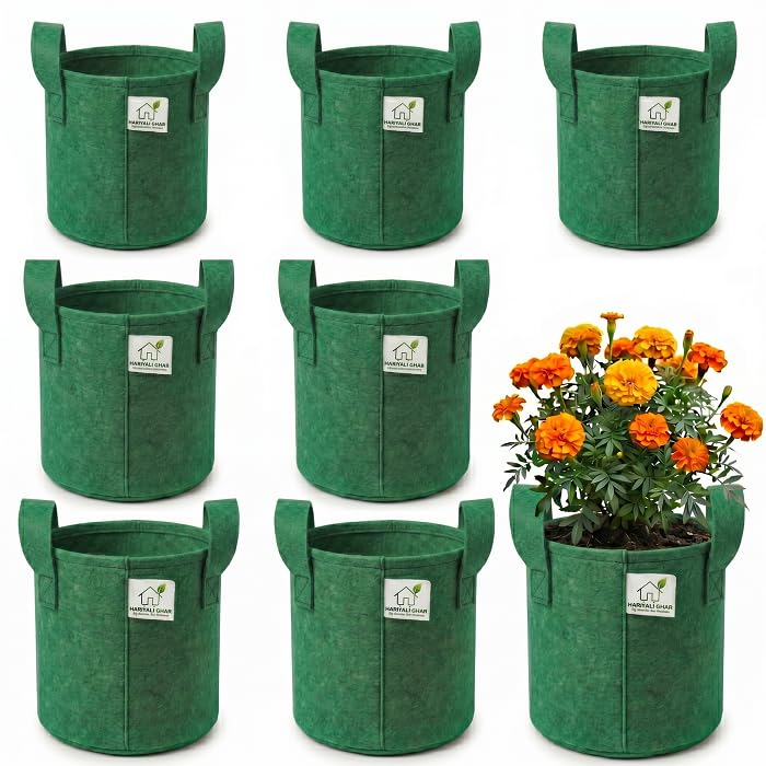 Image of 400 GSM Geo Fabric Round Grow Bags 9x9 Inch with Handle, Green Planting Bags for Terrace and Kitchen Gardening Pack of 8