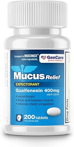 GenCare - Alivio de la mucosidad expectorante Guaifenesina 400 mg 200 comprimidos, paquete económico de 200 comprimidos, adelgazamiento de moco de