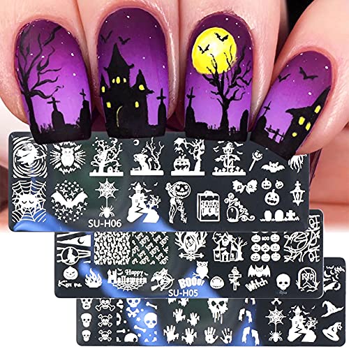Xjl Halloween 6 Pcs Nail Stamping Plates+1 Stamper+1 Scraper Lace, Pumpkin Bat Owl Skeleton Ghost Skull Art Design Stamp Plates Set, Diy Template Image Plate Supplies Decoration Kits #TOP3