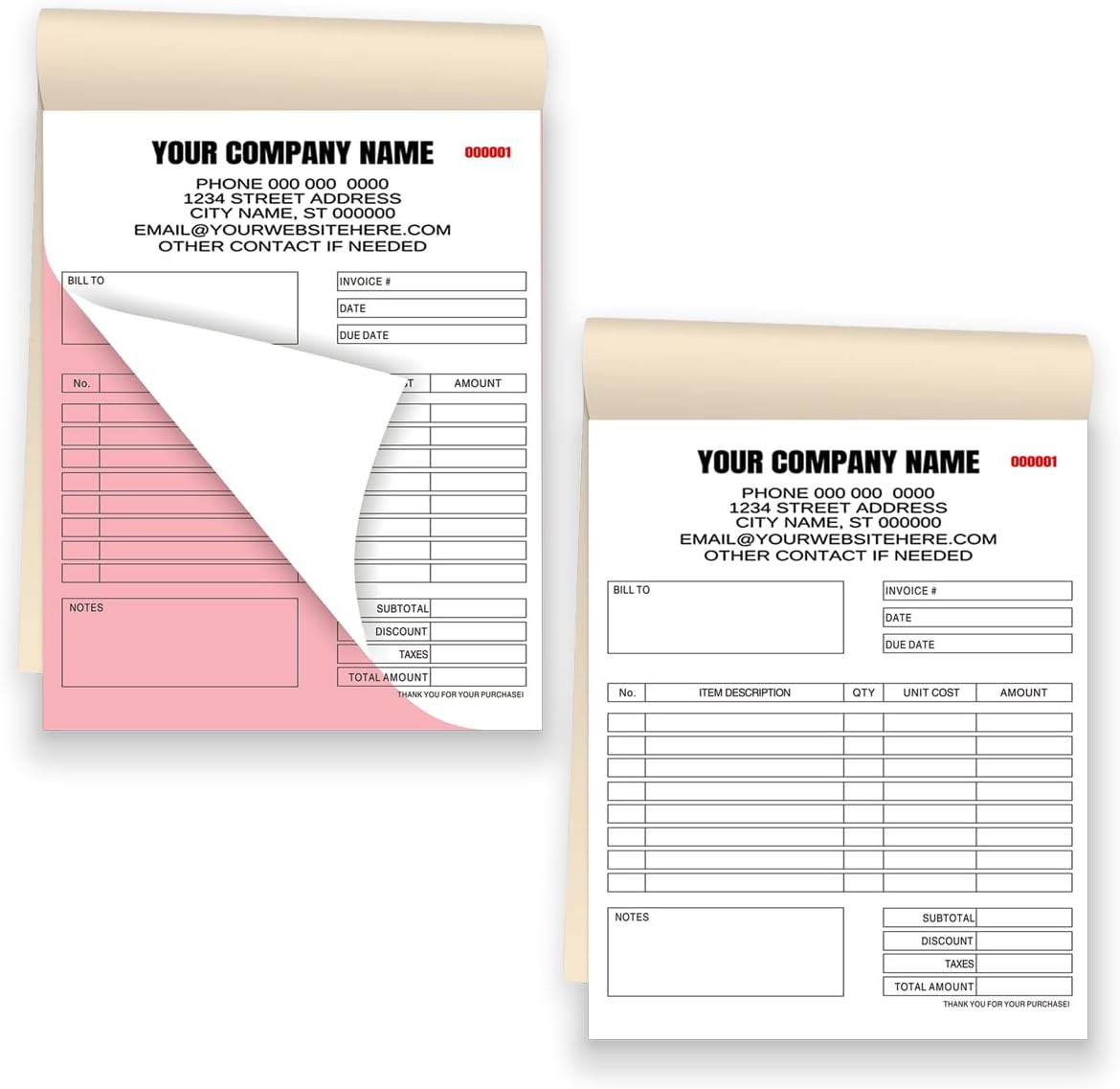 Custom NCR Duplicate Forms Invoices, Receipts, Work Orders, Sales Orders, Purchase Orders, Estimates, with Your Company Name Logo,Address,2 Books (100 Sets) (Template 2)