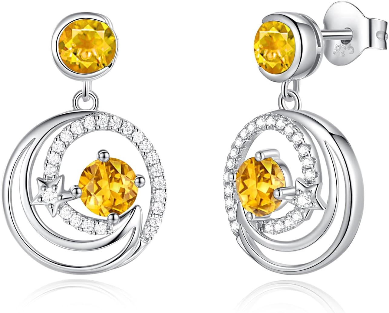 FANCIME Birthstone Dangle Drop Earrings for Women Sterling Silver Moon Star Round Gemstone Fine Jewelry Party Birthday Mothers Day Gifts for Women Mom Her