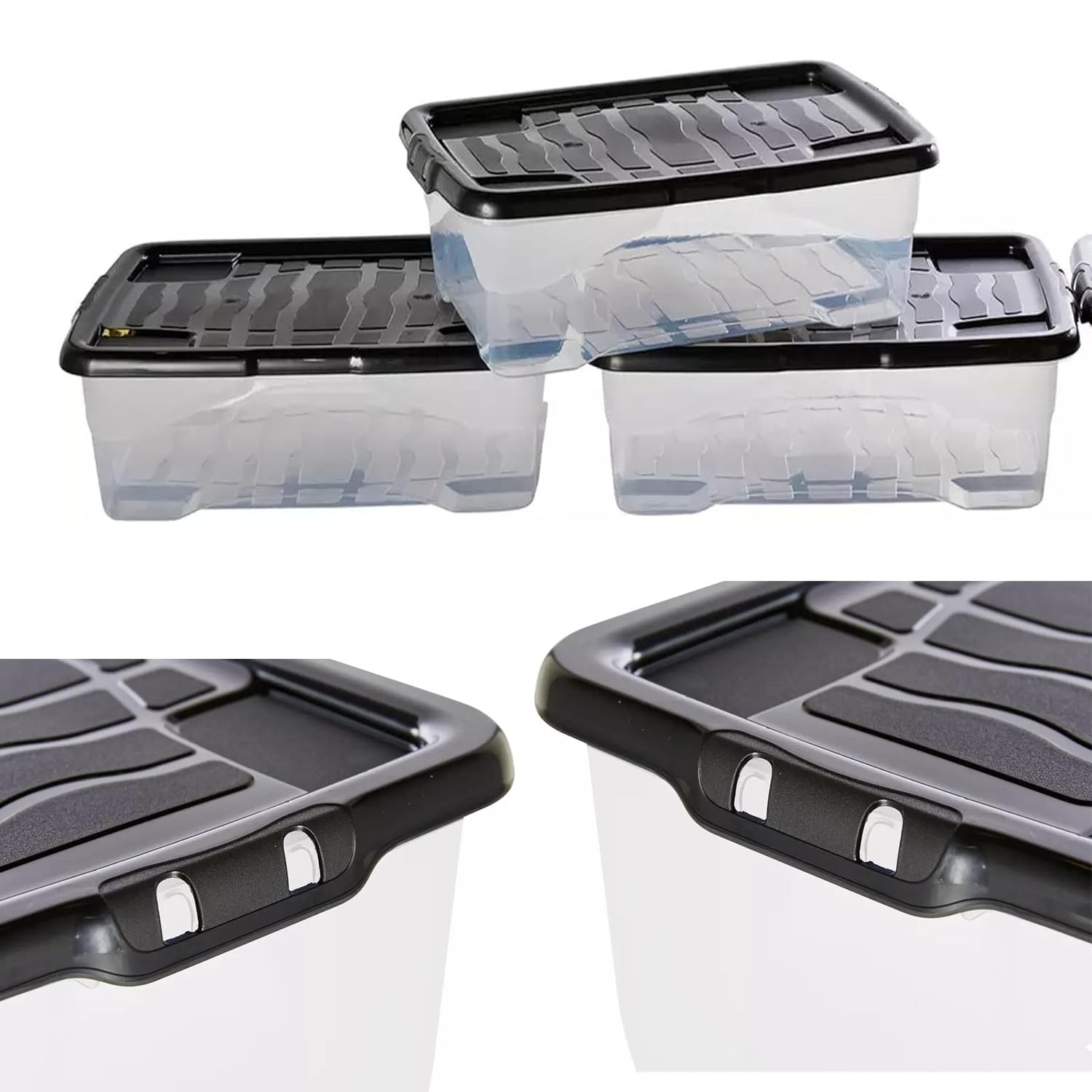Pluto Packaging Black Set Of 4 Multipurpose Clear Underbed 30 Litre Curve Storage Containers With Lids