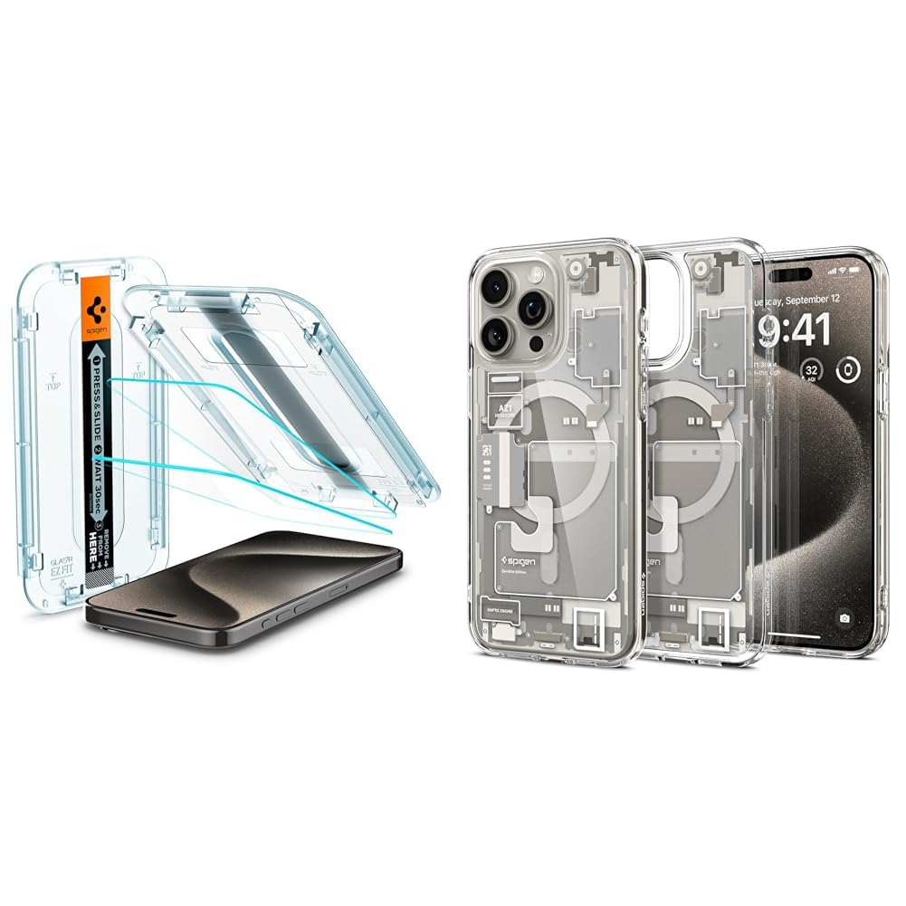Spigen iPhone 15 Pro Max Cam Ekran Koruyucu Kolay Kurulum Glas.tR EZ Fit Slim HD (2 Adet) AGL06872 & iPhone 15 Pro Max Kılıf Ultra Hybrid Zero One MagFit MagSafe özellikli Natural Titanium ACS07211