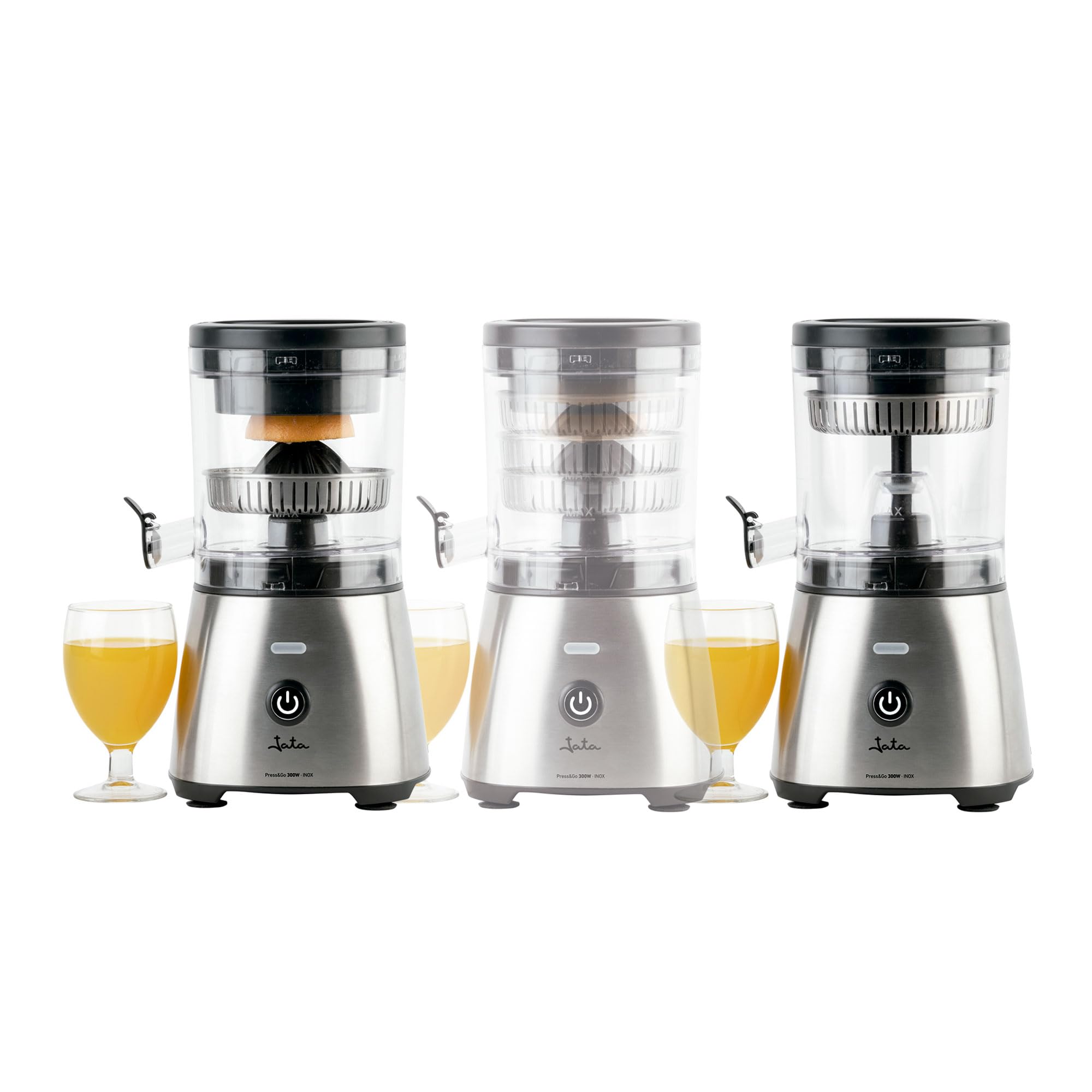 JATA JEEX1616 - Spremiagrumi elettrico automatico 300 W | Corpo e filtro in acciaio inossidabile | Sistema antigoccia | Adatto a tutti i tipi di frutta | Pezzi staccabili. Base antiscivolo