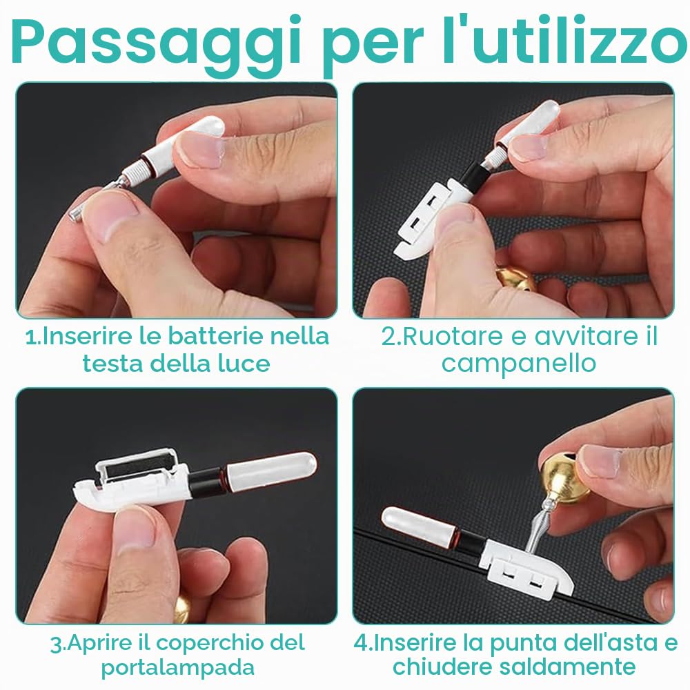 Set di 4 luci a LED per la pesca, indicatore di abboccato da pesca, con fibbia, campanello di allarme di pesca, barre luminose a LED, con caricatore e batteria per la pesca all'aperto