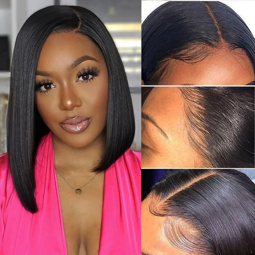 Perruque Femme Naturelle Brésilien 13x4 Lace Front Bob Cheveux Humains Lisse Bresilienne Cheveux Vierges Naturelle Courte Straight Bob Lace Wig Human Hair 10 Pouces Natural Black