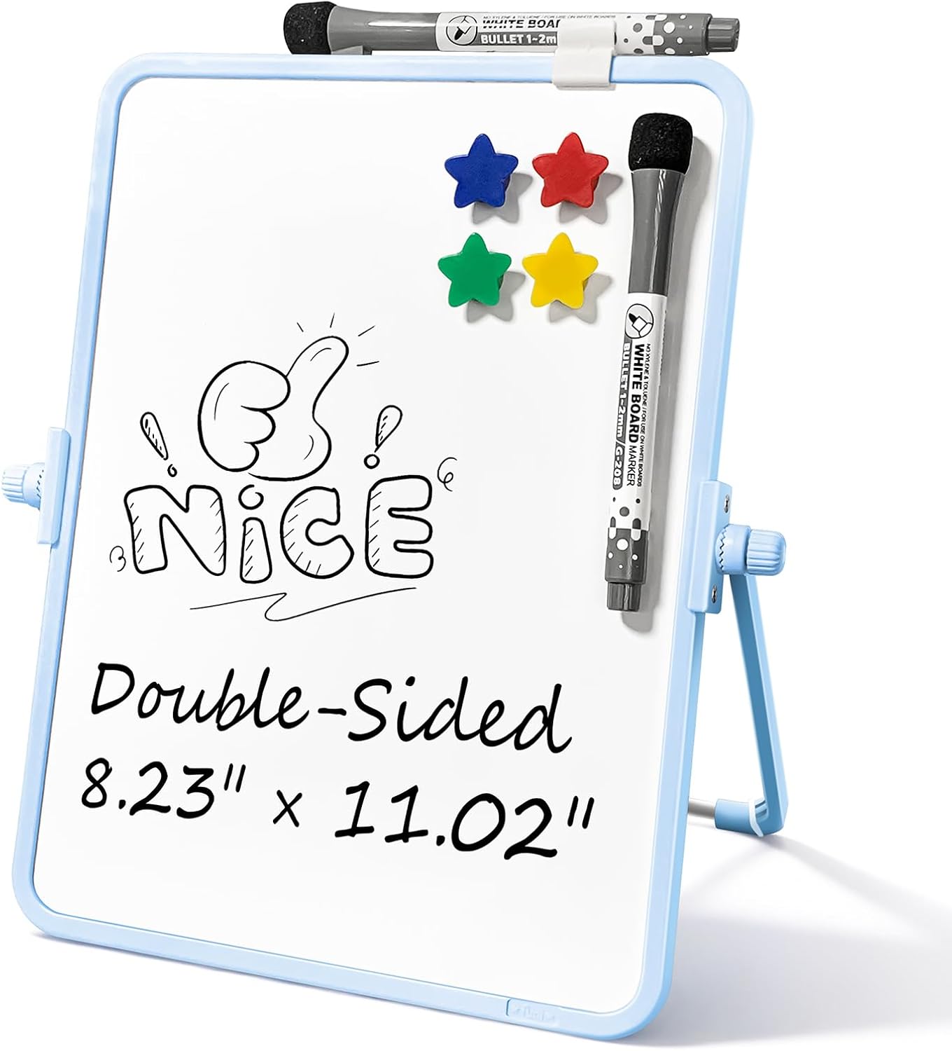 Colorful Dry Erase White Board 8.3x11in, Magnetic Desktop Board with Stand, 2 Markers (Eraser Head), 4 Magnets - Double-Sided Easel for Daily Planning, Memo, Office/Home/School (Blue)