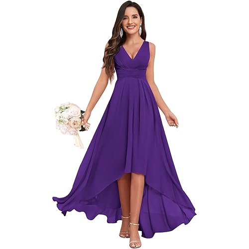 Women's V Neck Bridesmaid Dresses with Pockets Chiffon Pleated High Low Formal Party Dress