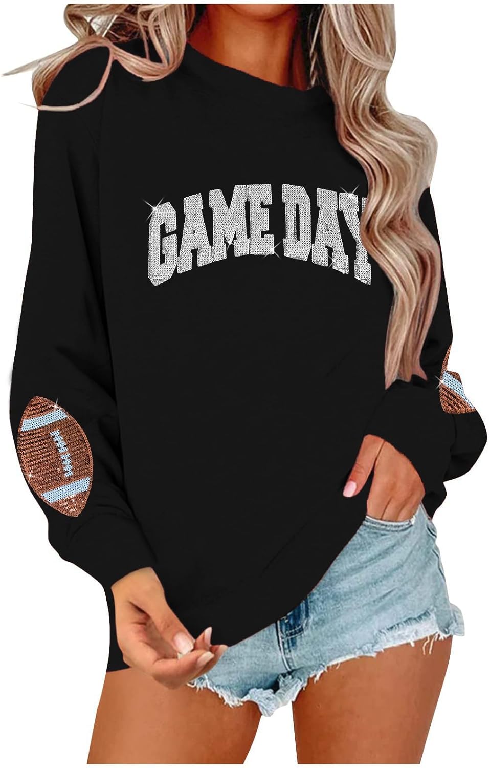 BEIDEFY Game Day Sweatshirt for Women Sequin Football Long Sleeve Shirt Crew Neck Sunday Funday Pullover Tops