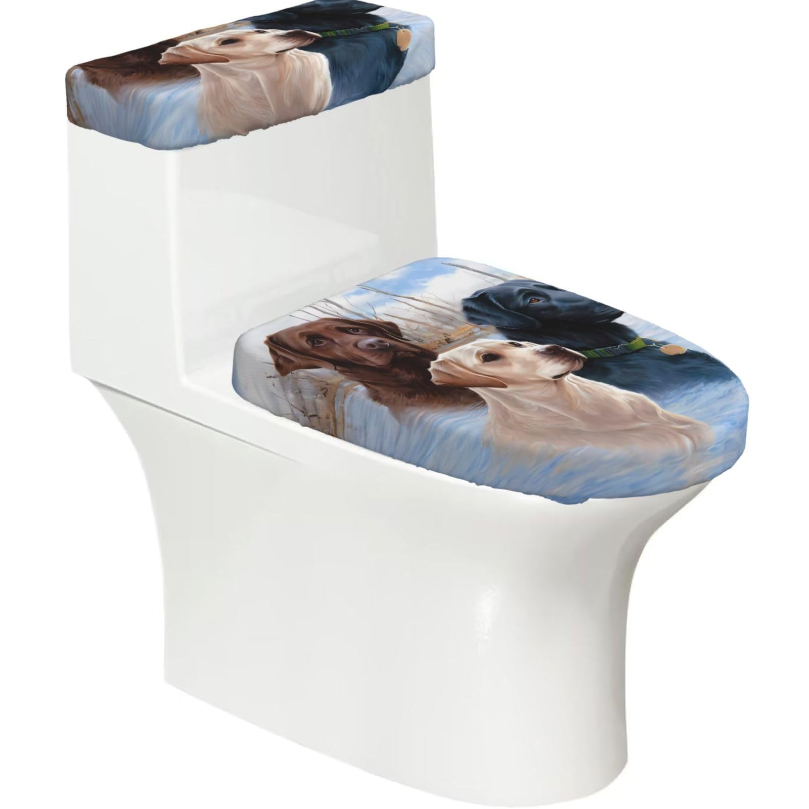 Labrador Retrievers 2-Piece Toilet Seat Cover Set with Tank Lid - Elastic for U-Shape & Elongated - Bathroom Decor