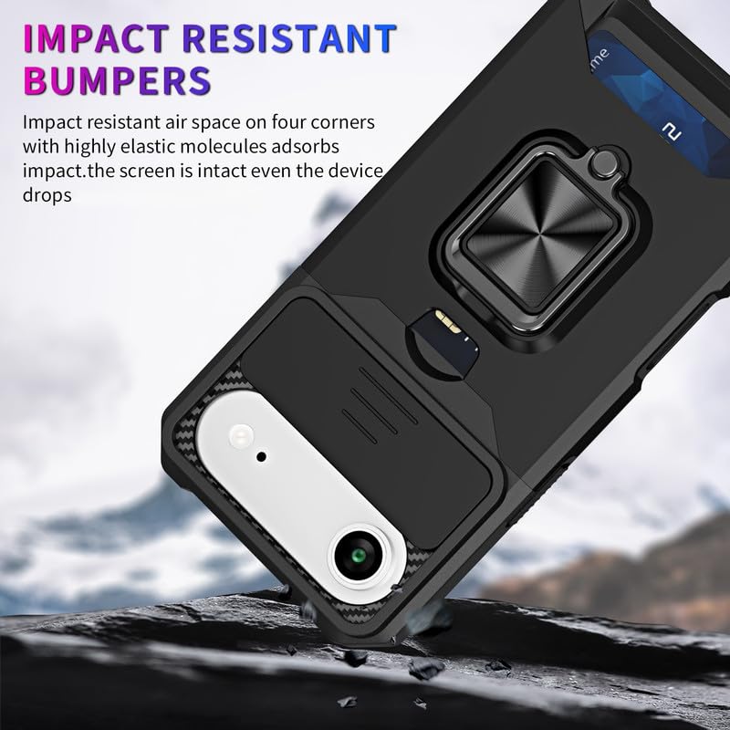 Image of LuxuryKase Shockproof Armor Case for iPhone Air | Slide Camera Cover | Hidden Card Slot | Rotating Ring Kickstand | Magnetic Car Mount Support | Military Grade Protection - Black
