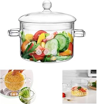 Glass Saucepan with Cover, 1400ml Stovetop Cooking Pot with Lid and Handle Simmer Pot Clear Soup Pot, High Borosilicate Glass Cookware