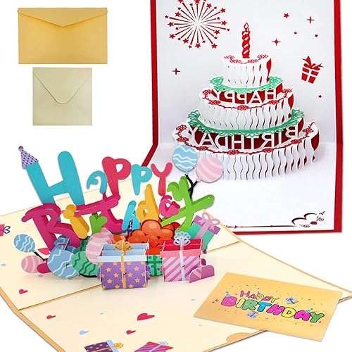 SourceTon - Juego de 2 tarjetas emergentes de feliz cumpleaños 3D hechas a mano con tarjetas de felicitación en blanco y sobres