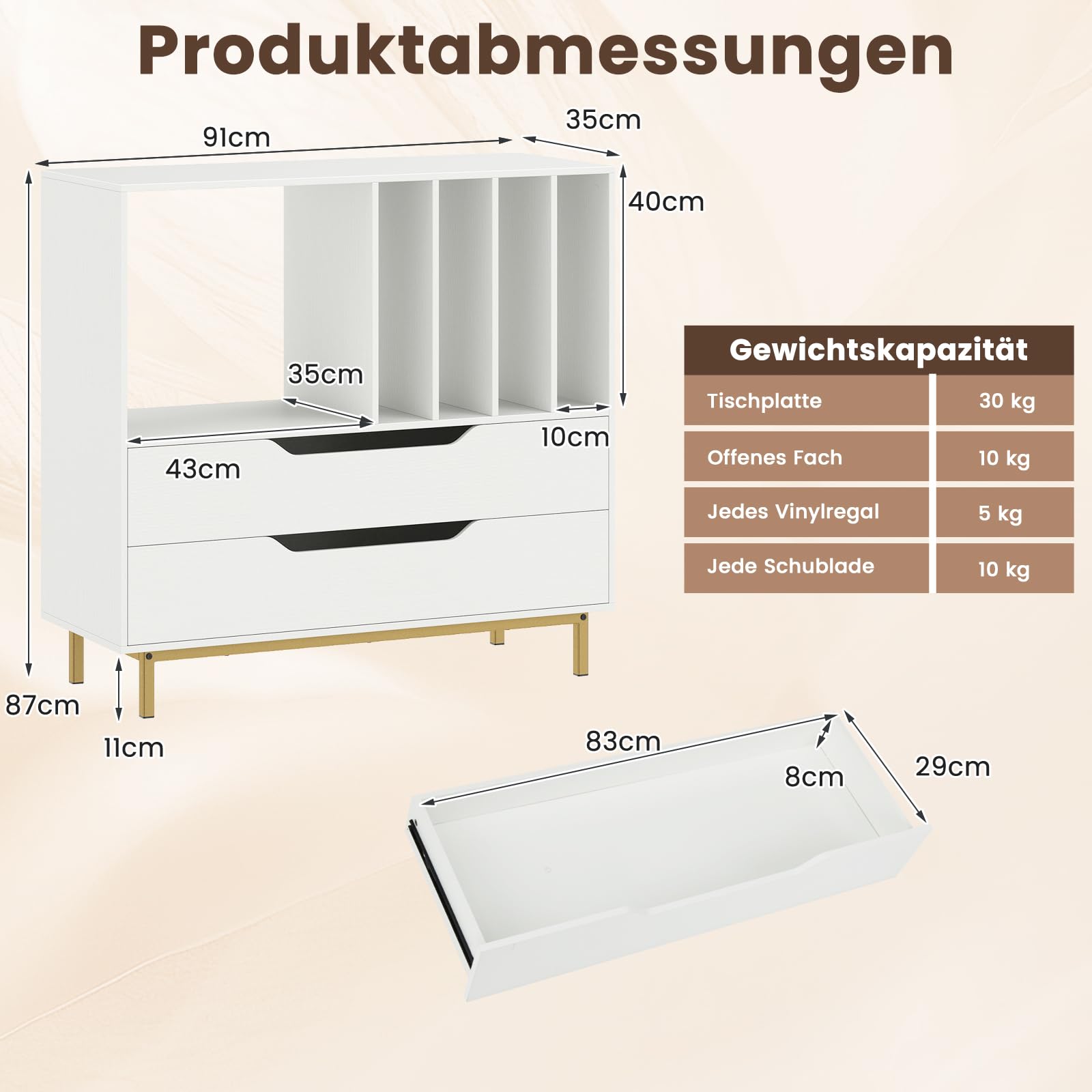 COSTWAY Plattenspielerständer, Mittelalter Plattenspielertisch mit offenem Fach, 4 Vinyl-Fächern & 2 Schubladen, Schallplattenschrank mit Vinylaufbewahrung für Wohnzimmer & Schlafzimmer (Weiß)