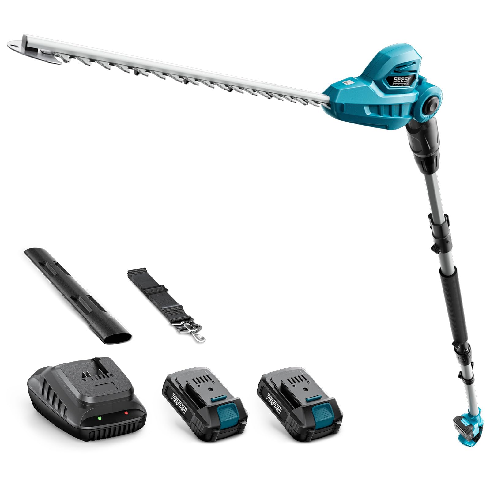 SEESII Cordless Pole Hedge Trimmer: 20V Electric Bush Trimmer - 410mm Dual-Action Blade, 2x2000mAh Batteries, Long Reach 2.5m Telescopic Pole, 135° Adjustable Head, Hedge Cutter for Shrubs Pruning