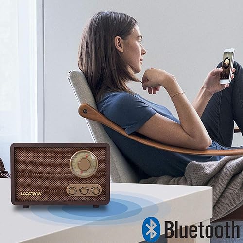 Miniatura 2 de LoopTone Radio FM AM Radio retro de madera con Bluetooth Play MP3 y antena altavoz integrado para cocina, sala de estar, oficina (negro)