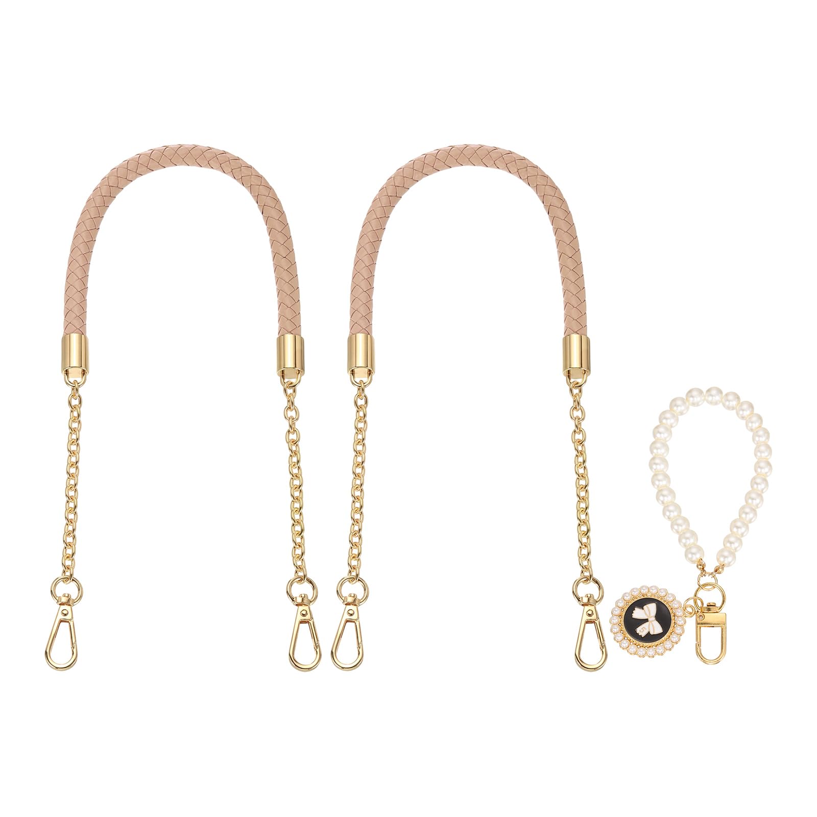 sourcing map 2 Pcs PU Leather Chain Purse Strap, 23.6 Inch Braided Purse Handles Replacement Strap with Pearl Pendant for Tote Bag Handbag Underarm Bag (Pink, Light Gold Chain)