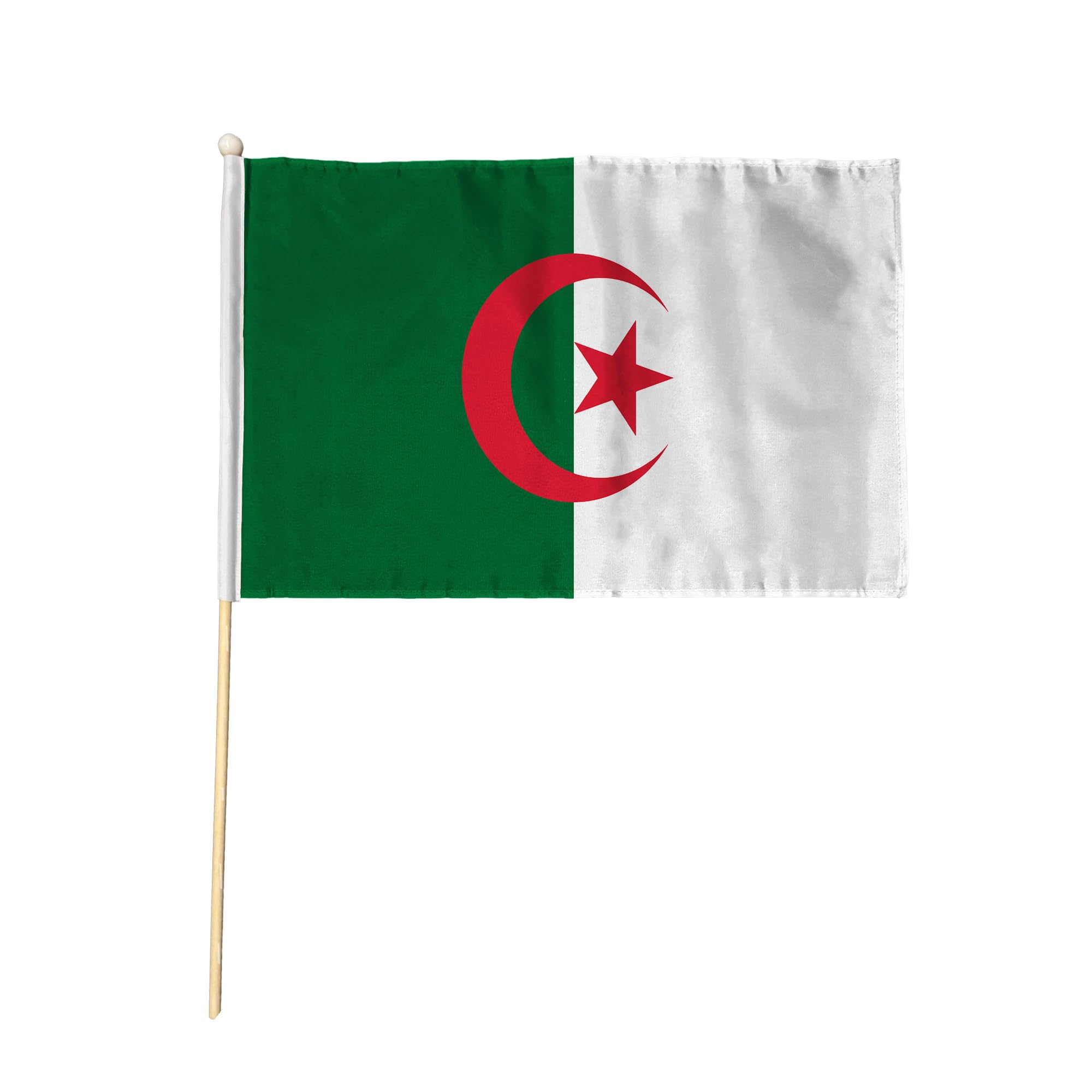 Flagtex Algeria Pack of 12 Hand Waving Flag (9x6 Inch) - Premium Wooden Stick Hand Flag with Natural Wood Pole Algerian National Flag for Events Celebrations International Sports