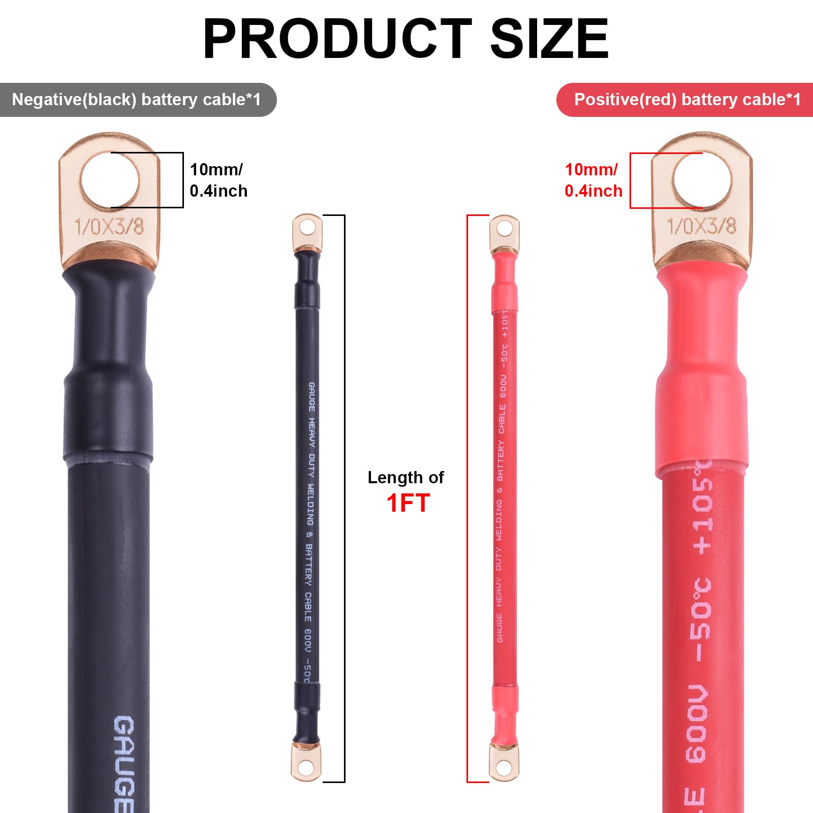iGreely Cable de batería de calibre 1/0 AWG, alambre de cobre puro, cables inversores de energía de batería con lengüetas de 3/8 pulgadas para panel solar, motor de arrastre, automóvil, motocicleta