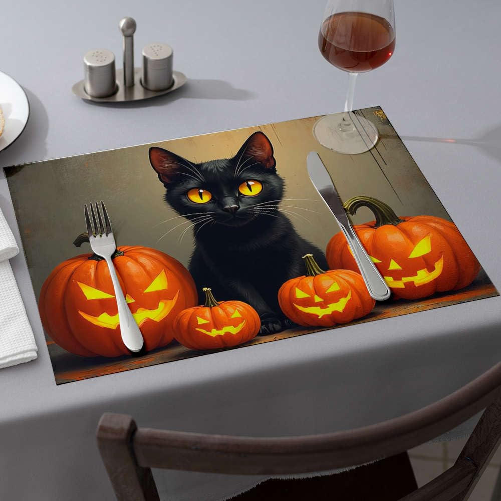 Set de table chat noir et citrouilles rustiques pour Halloween | Lot de 6