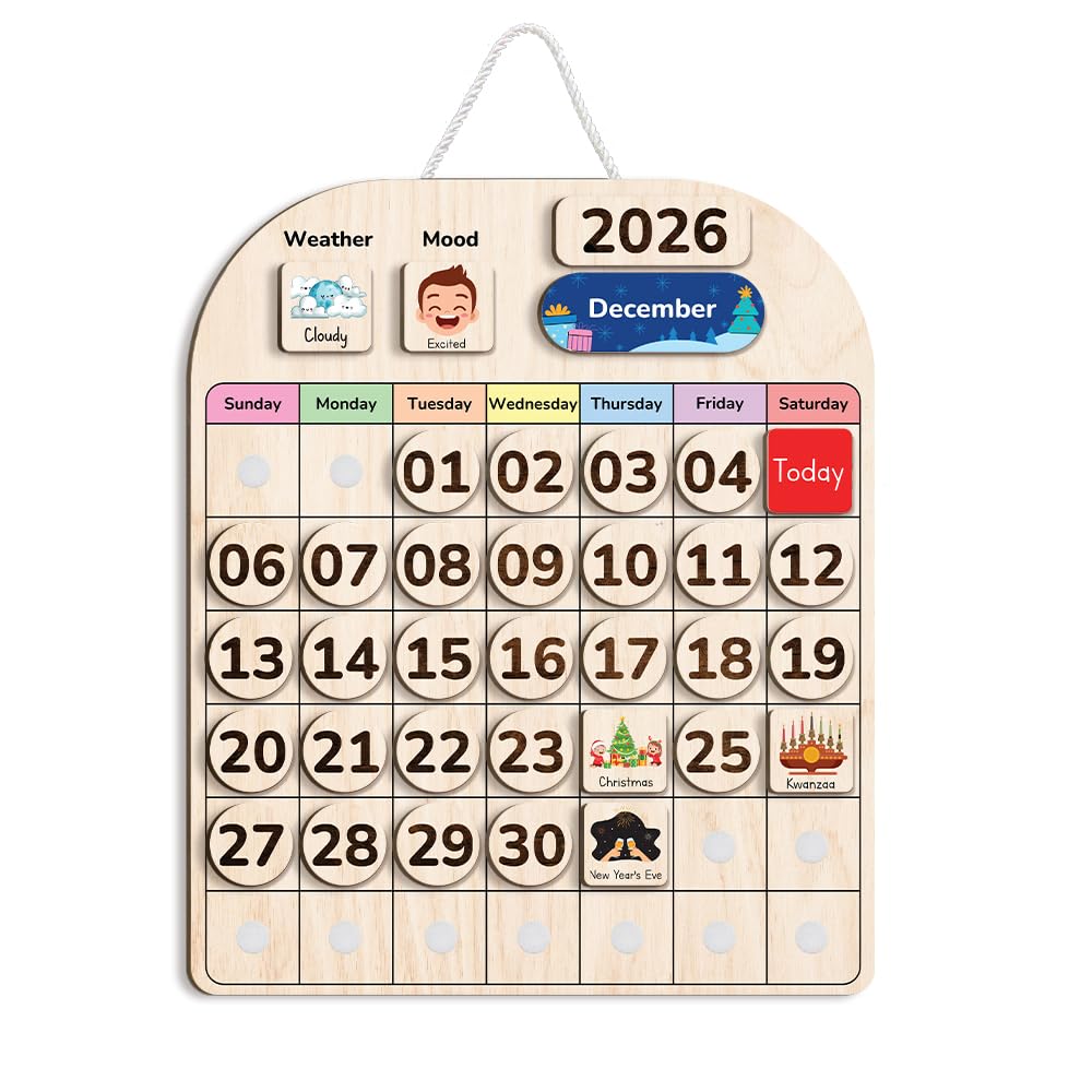 TinyKidz Wooden Calendar for Kids, Preschool Toddler Calendar Learning at Home and Classroom Teaching, Hanging Calendars for Kids, Months and Days of