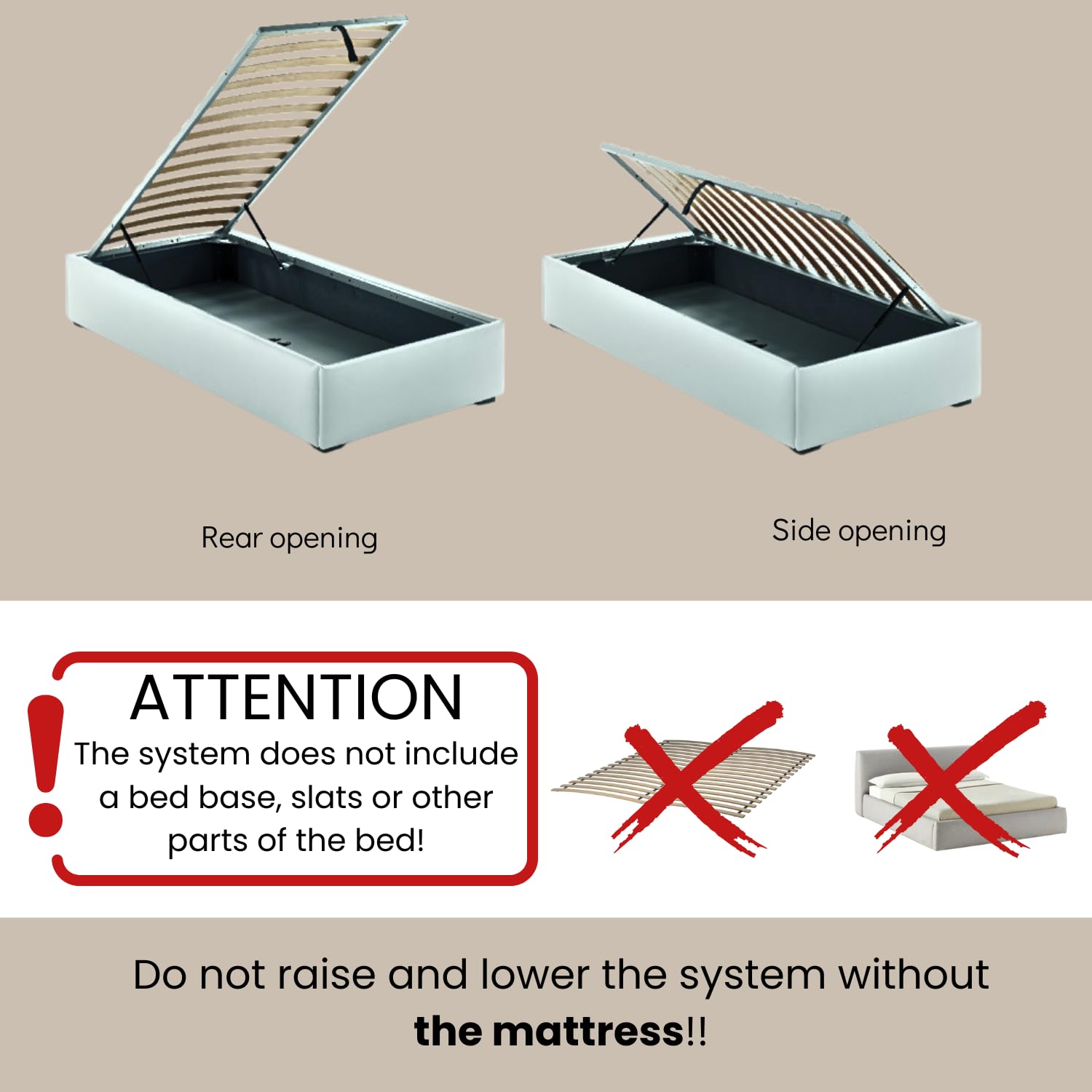 Perin KIT COMPLETO Sollevamento Letto per LETTO CONTENITORE. Trapezi + Pistoni a Gas + Ferma Materasso. (Letto Singolo - 1 Piazza)