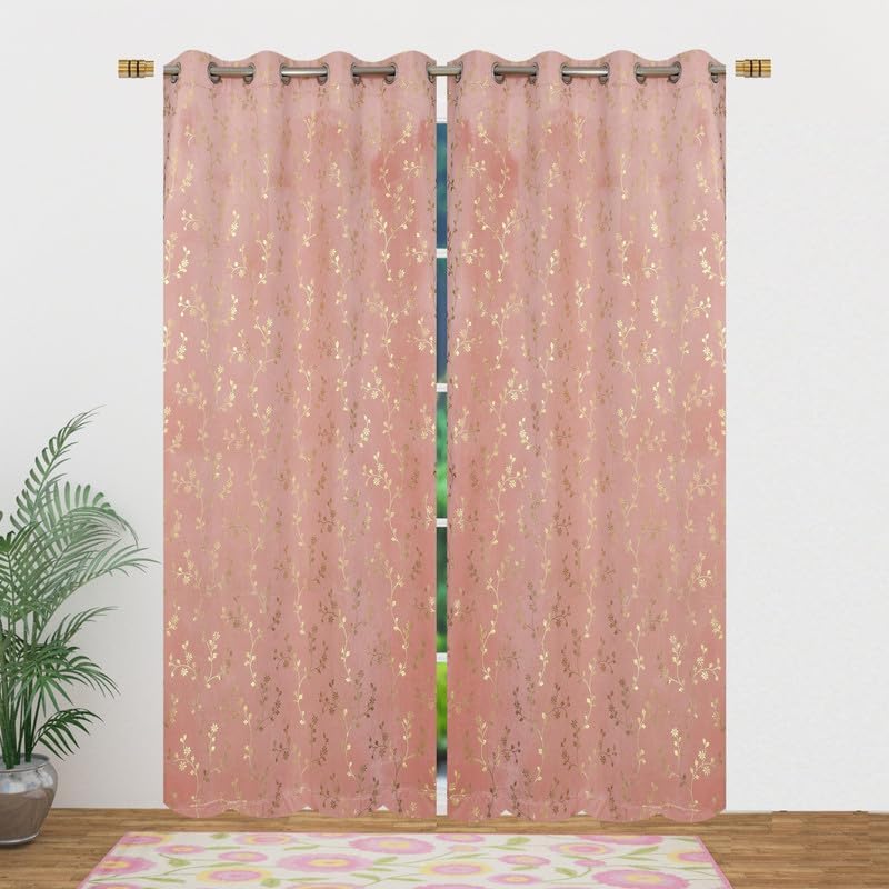 Image of Heavy Velvet Fabric Luxury Looks Room Darkening Floral Designer Curtains 9 Feet for Long Door, Pink, Pack of 2 Pieces