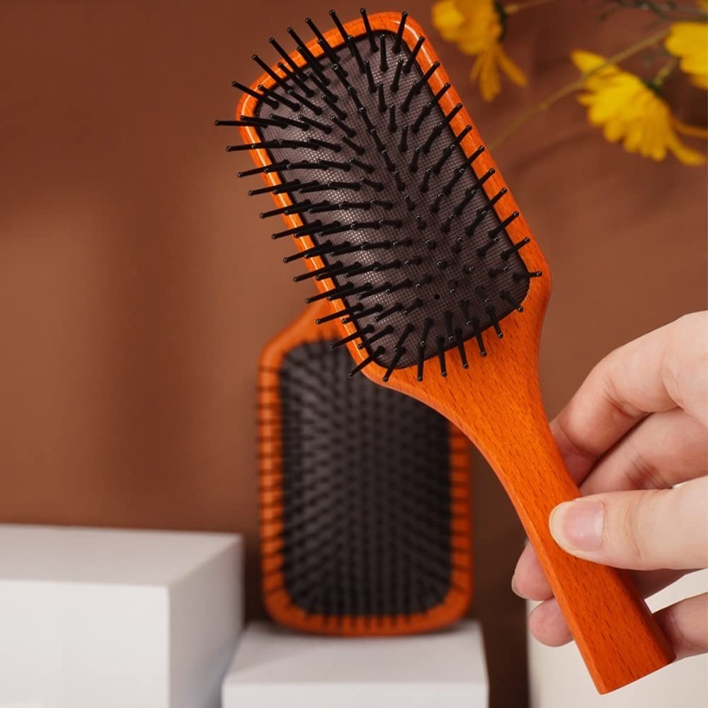Peine de masaje cuadrado, peine de peluquería con cojín de aire, cepillo for el cabello, cepillo for el cabello con mango de madera ecológico natural for hombres y mujeres con cabello largo grueso, ri
