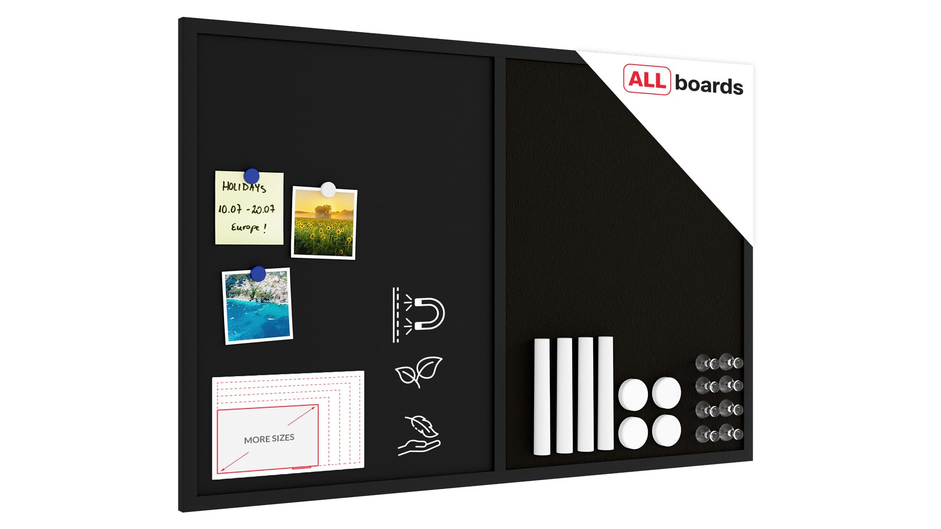 ALLboards Combination Board 2 in 1 Chalkboard & Cork Board with 90x60cm Black Cork and Black Chalkboard Combii Board with Varnished Black Frame — image 1