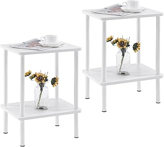 Apicizon 2 Tier End Table Set of 2, Boho Side Table with Storage Shelf, Nightstand Bedside Table for Small Spaces, Bedroom, Living Room, Entryway, Farmhouse, Easy Assembly, White