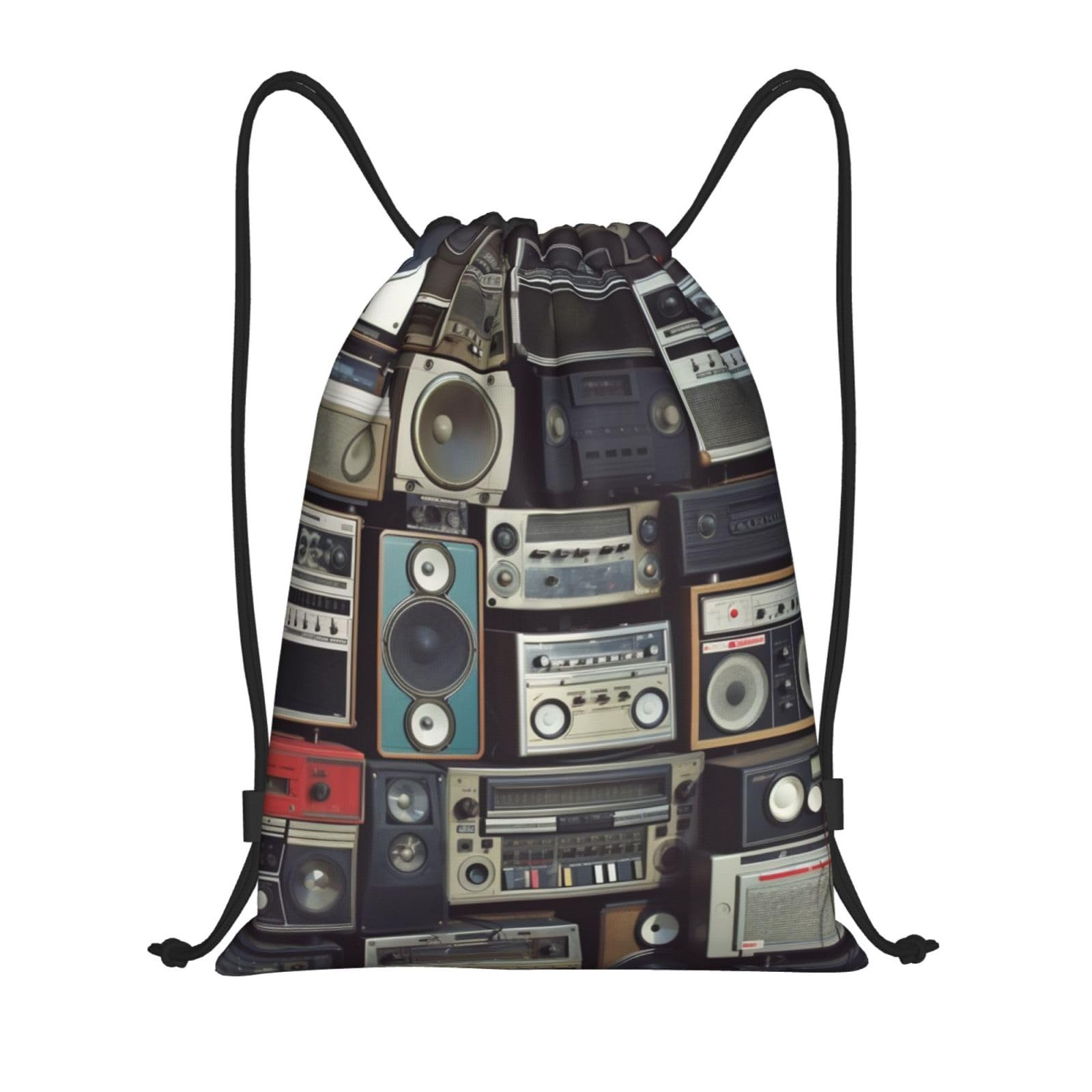 LHBWCVN Vintage Wall of Radio Boombox Drawstring Backpack for Men Gym Bag String Bag Waterproof Drawstring Bag for Women Swim Bag Medium