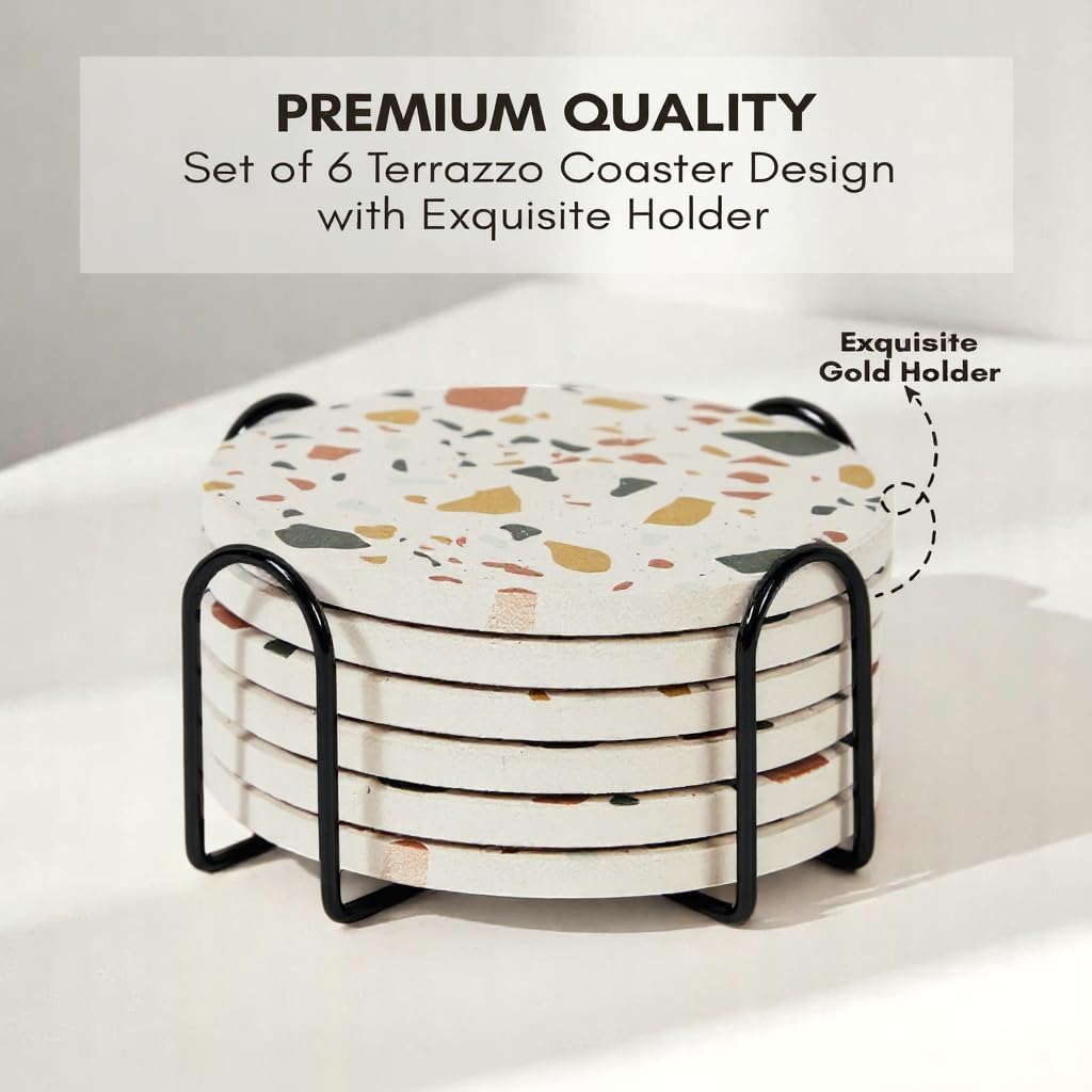 Terrazzo Coasters Set of 6, Ceramic Absorbent Drink Coasters, Cute Moisture Absorbing Coaster, Coffee Table Desk Decor, Colorful Stone Coaster for Drinks (Sunset with Black Holder) - Image 4