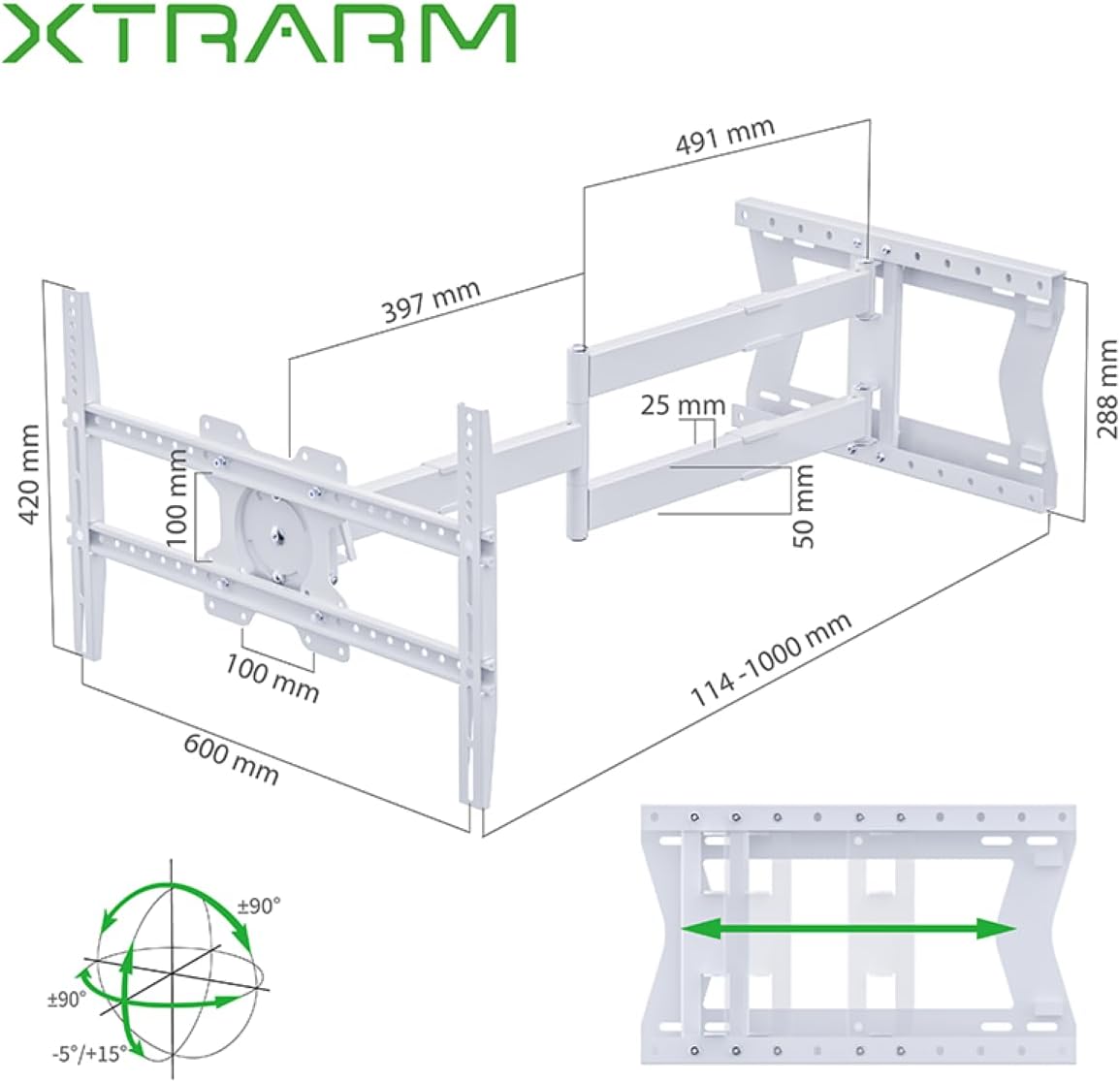 XTRARM TiTon TV Wall Mount dimensions and movement range